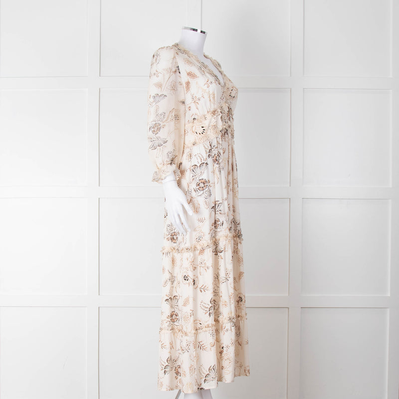 Riani Pale Floral Ruffle Neck And Tiered Maxi Dress