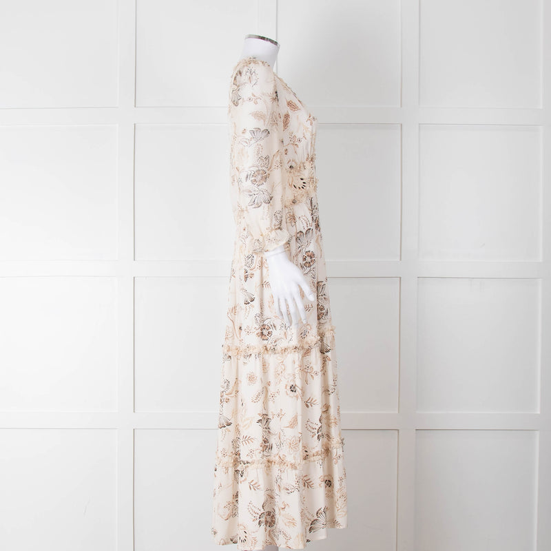 Riani Pale Floral Ruffle Neck And Tiered Maxi Dress