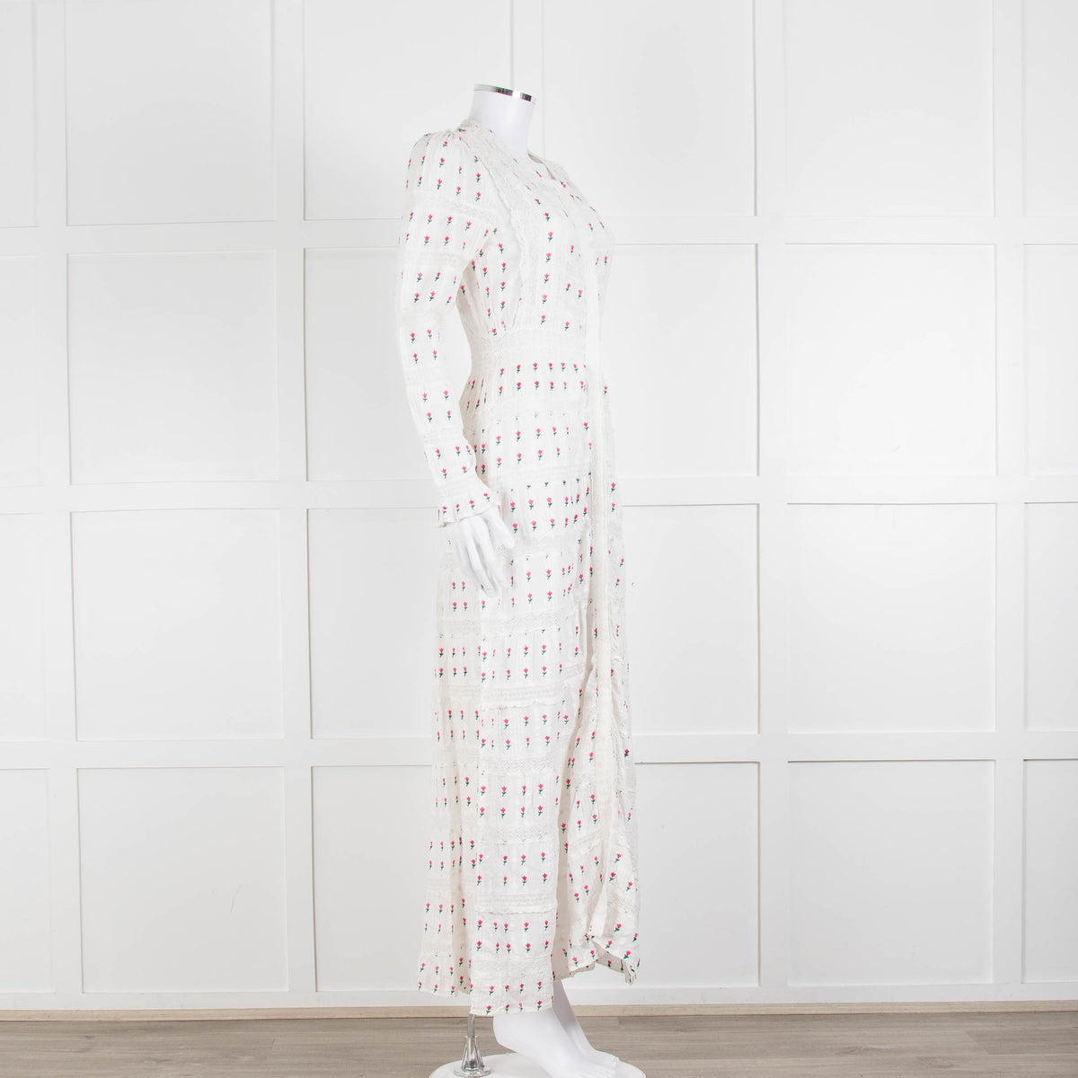 LoveShackFancy White Pink Tulip Lace Trim Maxi Dress