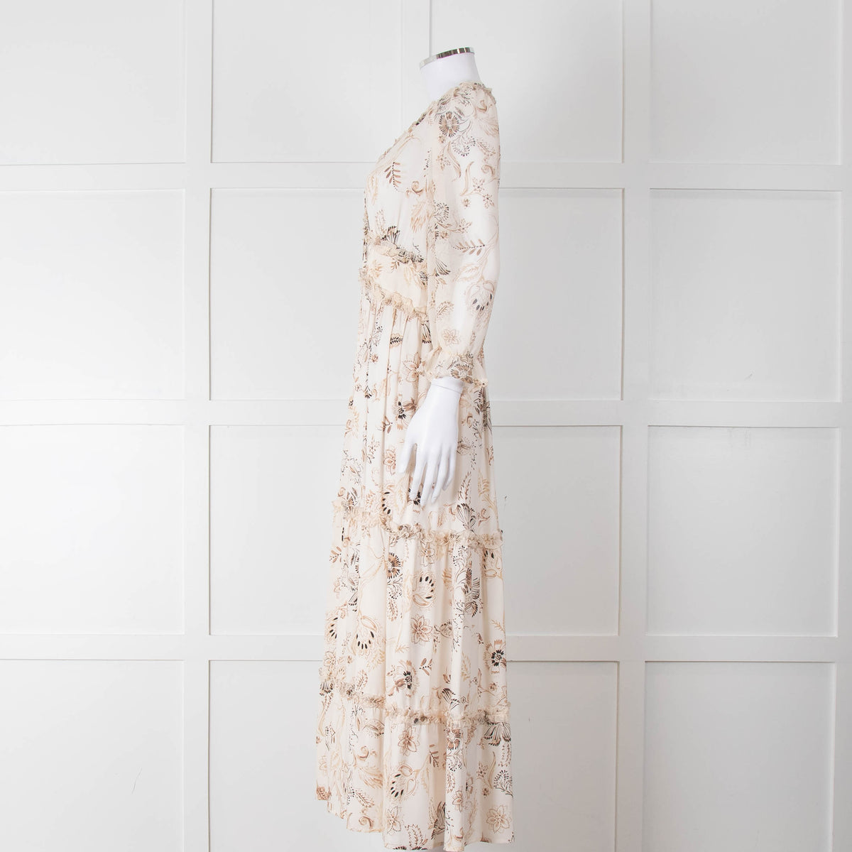 Riani Pale Floral Ruffle Neck And Tiered Maxi Dress