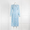 Alessandra Rich Skye Blue Daisy Print Pleated Long Sleeve Dress