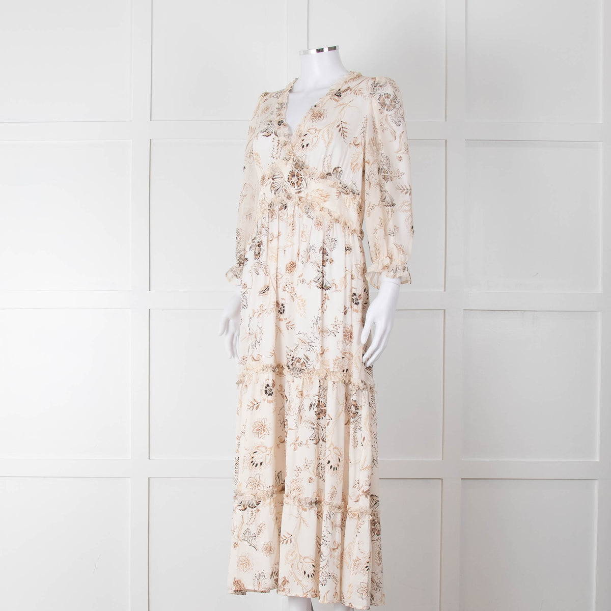 Riani Pale Floral Ruffle Neck And Tiered Maxi Dress