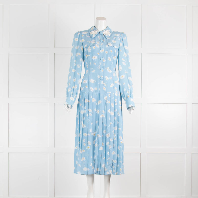 Alessandra Rich Skye Blue Daisy Print Pleated Long Sleeve Dress
