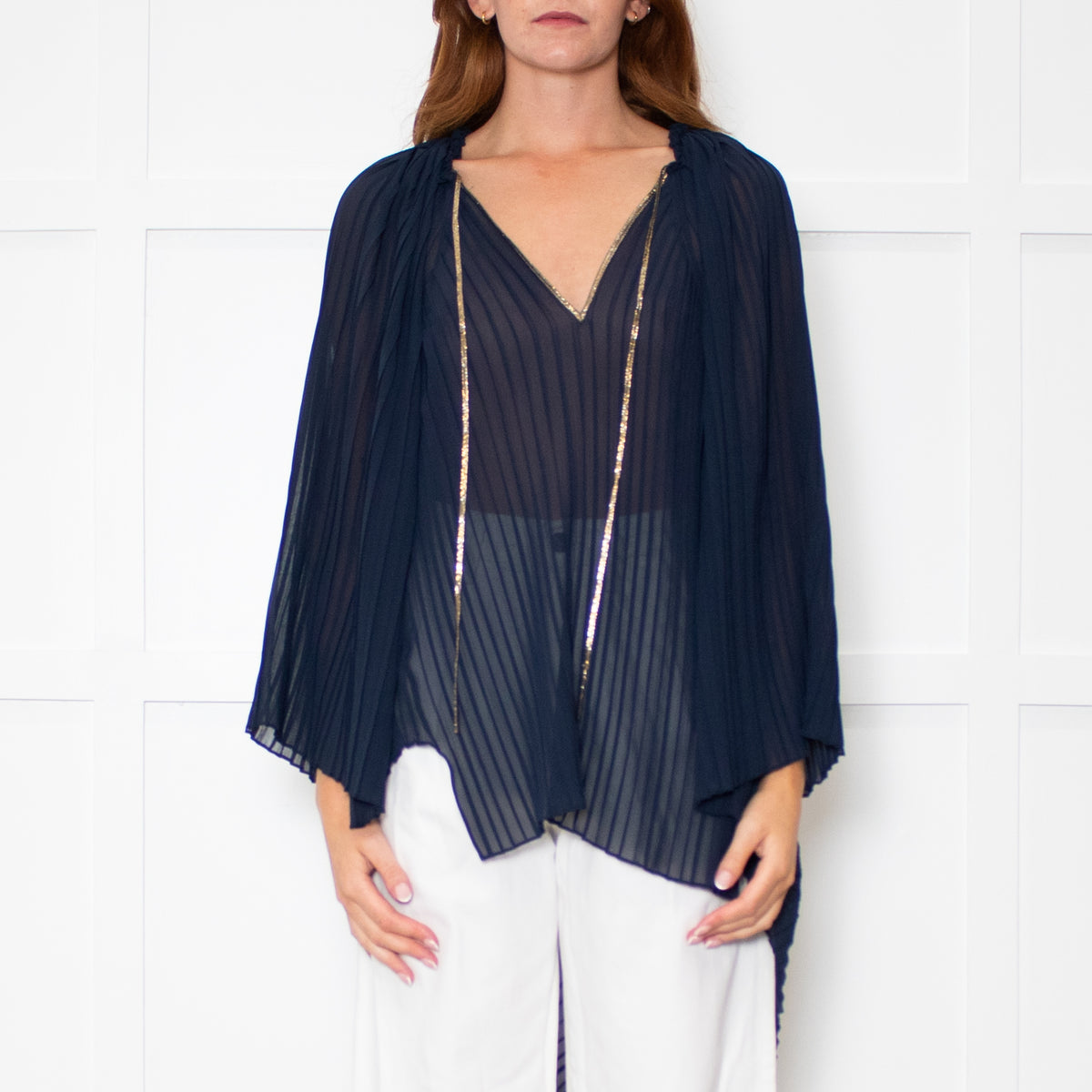 Roland Mouret Blue Pleat Kemper Top With Gold Neck Tie