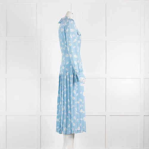 Alessandra Rich Skye Blue Daisy Print Pleated Long Sleeve Dress