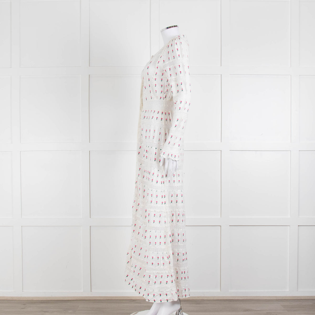 LoveShackFancy White Pink Tulip Lace Trim Maxi Dress