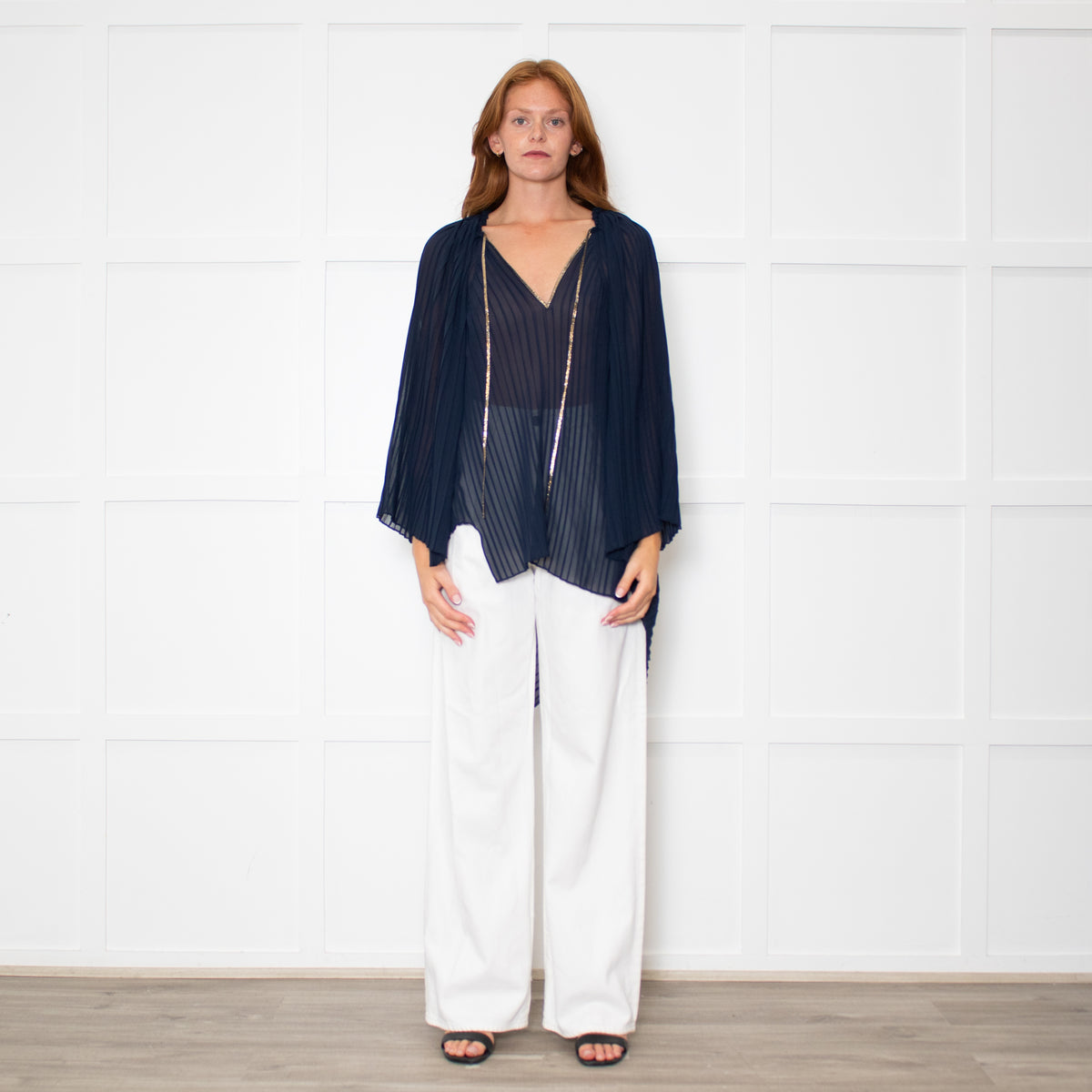 Roland Mouret Blue Pleat Kemper Top With Gold Neck Tie