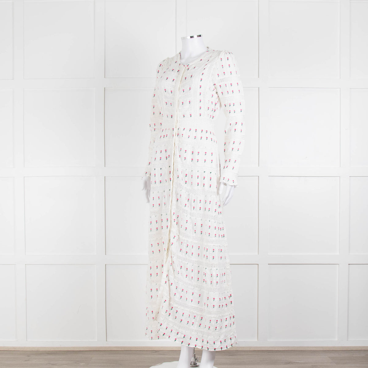 LoveShackFancy White Pink Tulip Lace Trim Maxi Dress