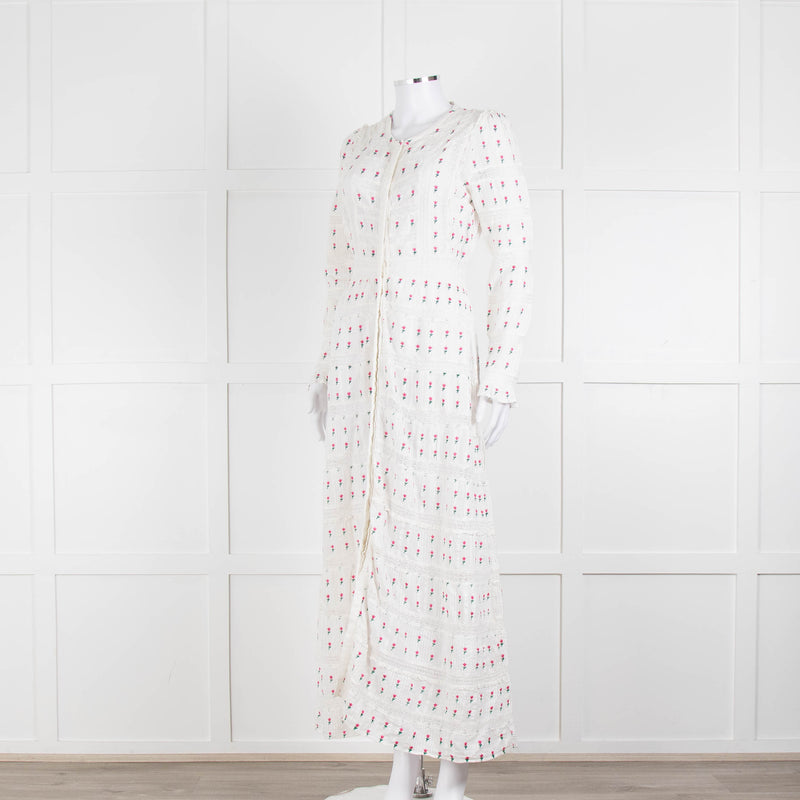 LoveShackFancy White Pink Tulip Lace Trim Maxi Dress