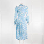 Alessandra Rich Skye Blue Daisy Print Pleated Long Sleeve Dress