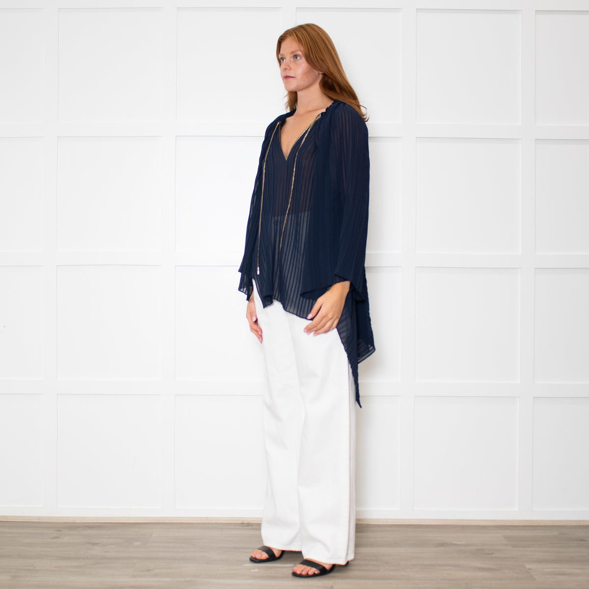 Roland Mouret Blue Pleat Kemper Top With Gold Neck Tie