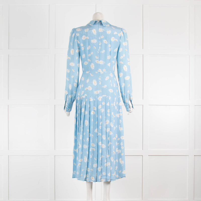 Alessandra Rich Skye Blue Daisy Print Pleated Long Sleeve Dress
