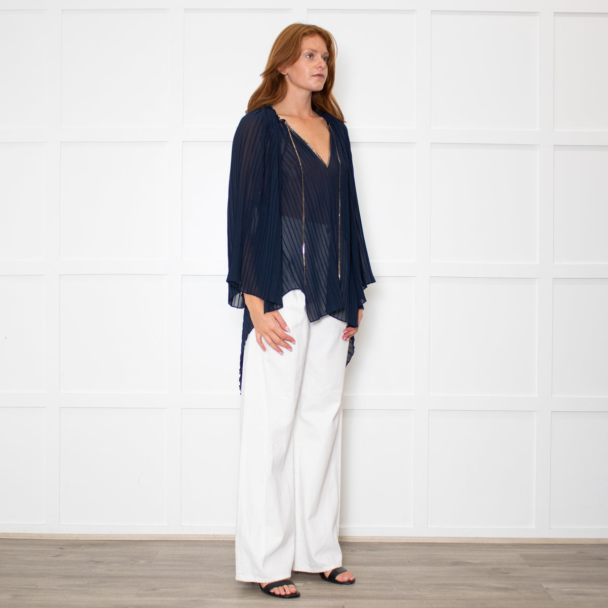 Roland Mouret Blue Pleat Kemper Top With Gold Neck Tie