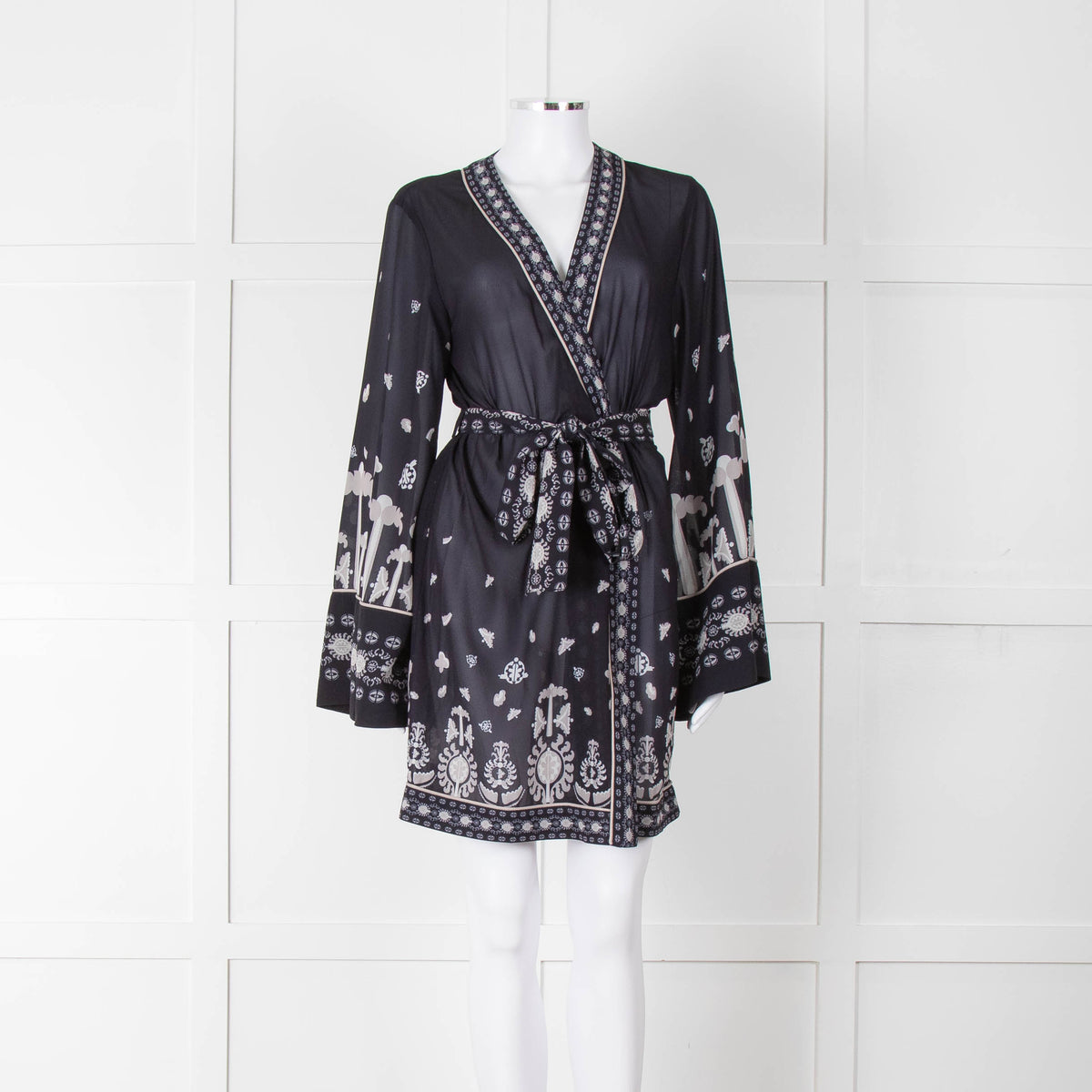 By Malina Navy Sheer Pattern Wide Sleeve Wrap Top With Belt