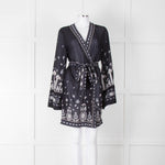 By Malina Navy Sheer Pattern Wide Sleeve Wrap Top With Belt