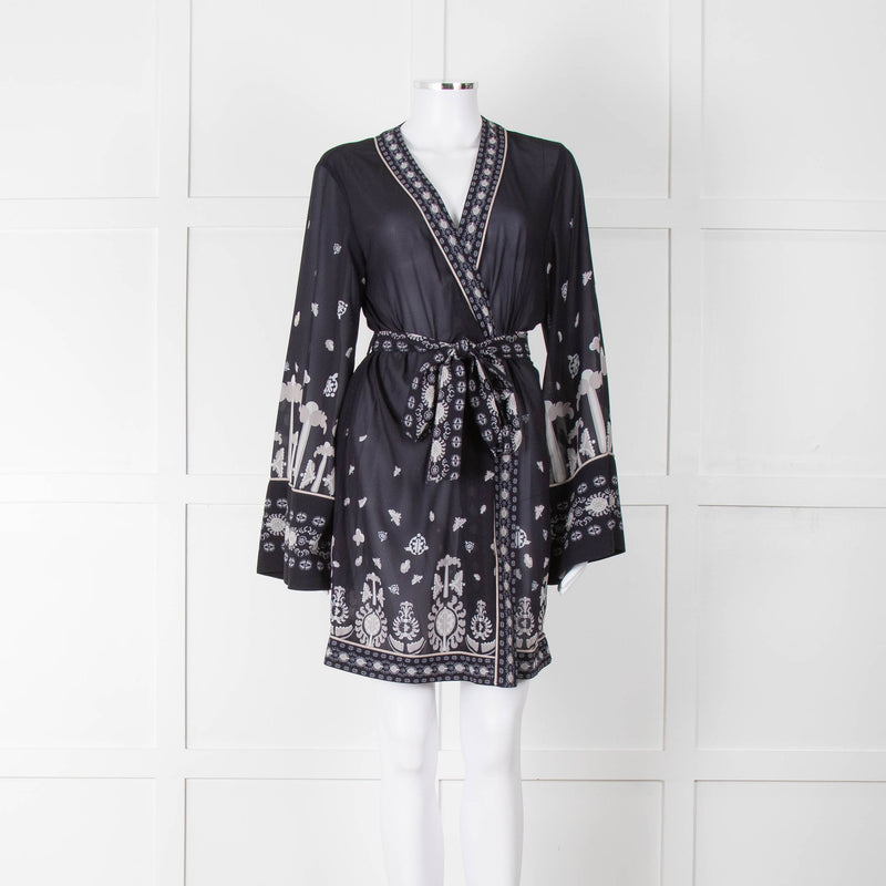 By Malina Navy Sheer Pattern Wide Sleeve Wrap Top With Belt