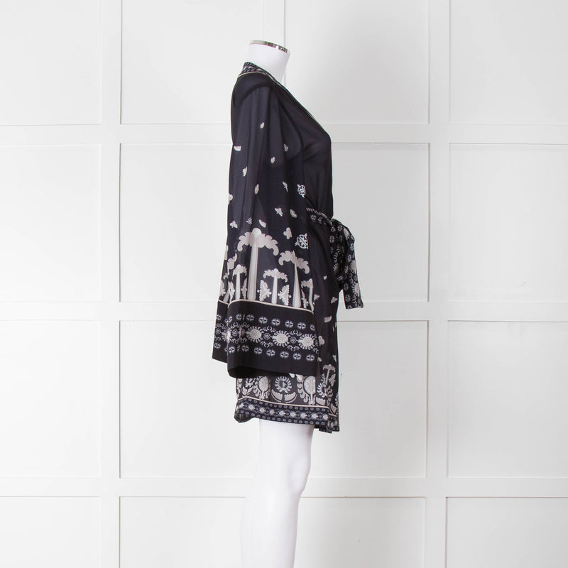 By Malina Navy Sheer Pattern Wide Sleeve Wrap Top With Belt