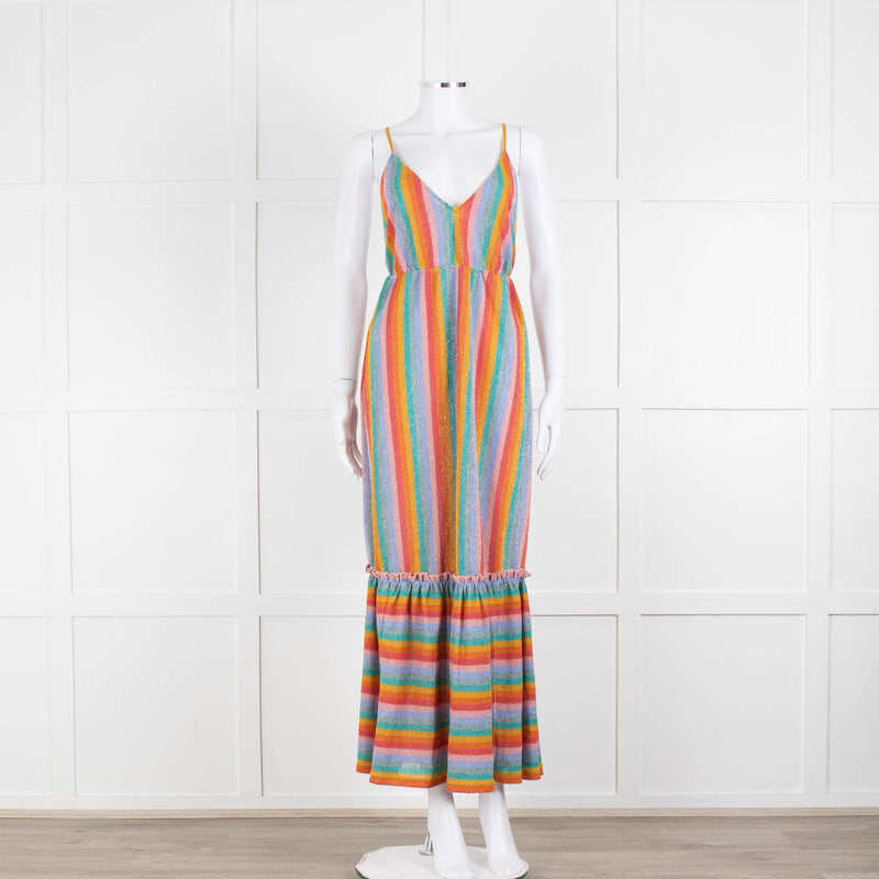 Sundress Peach Yellow Green Striped Lurex Sleeveless Peplum Maxi Dress