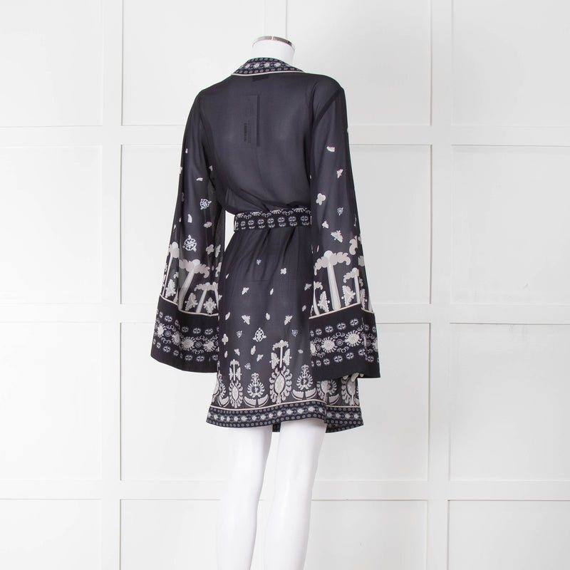 By Malina Navy Sheer Pattern Wide Sleeve Wrap Top With Belt
