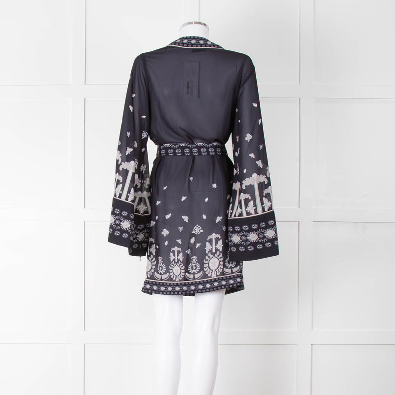 By Malina Navy Sheer Pattern Wide Sleeve Wrap Top With Belt