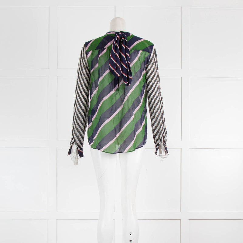 Mary Katrantzou Blue Green Stripe Sheer Blouse