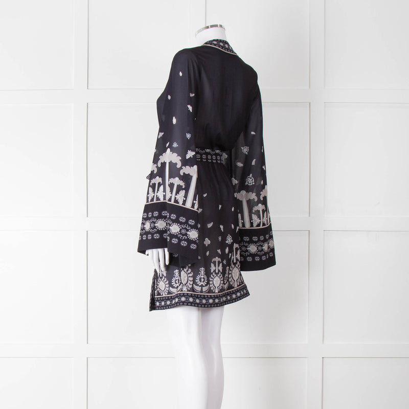 By Malina Navy Sheer Pattern Wide Sleeve Wrap Top With Belt
