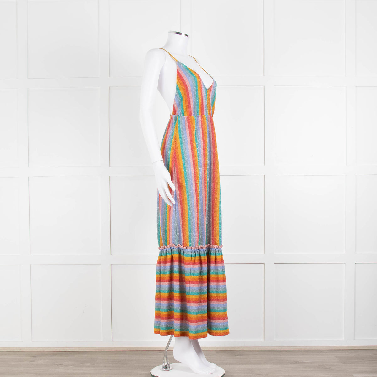 Sundress Peach Yellow Green Striped Lurex Sleeveless Peplum Maxi Dress