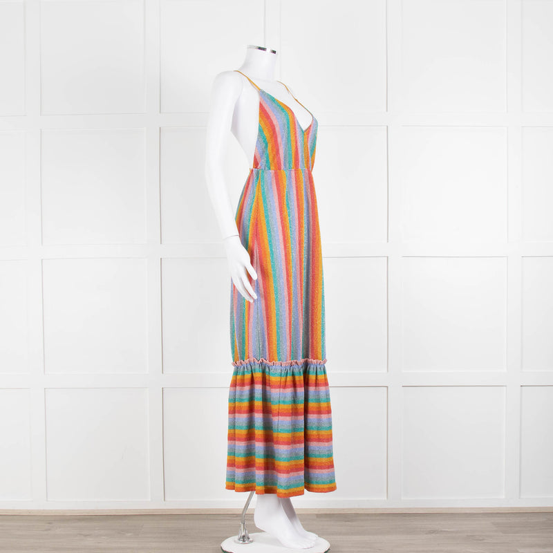 Sundress Peach Yellow Green Striped Lurex Sleeveless Peplum Maxi Dress