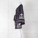 By Malina Navy Sheer Pattern Wide Sleeve Wrap Top With Belt
