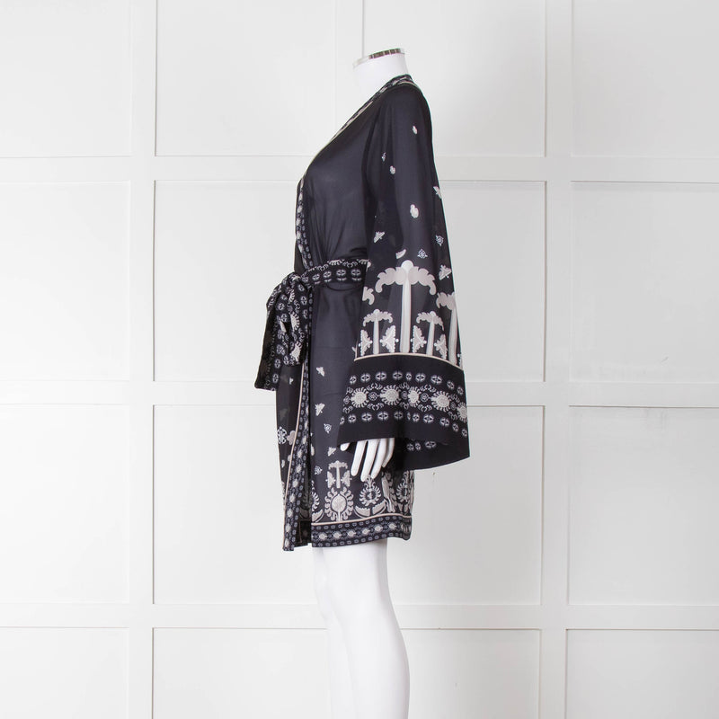 By Malina Navy Sheer Pattern Wide Sleeve Wrap Top With Belt