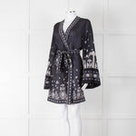 By Malina Navy Sheer Pattern Wide Sleeve Wrap Top With Belt