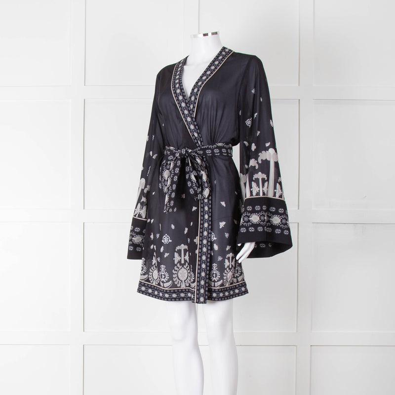 By Malina Navy Sheer Pattern Wide Sleeve Wrap Top With Belt