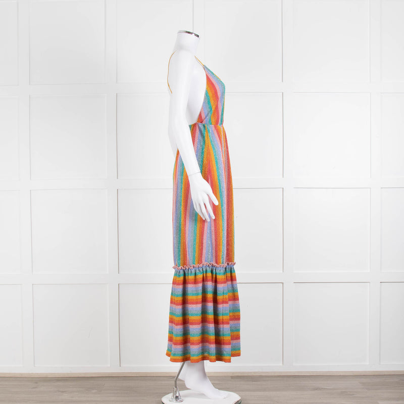 Sundress Peach Yellow Green Striped Lurex Sleeveless Peplum Maxi Dress