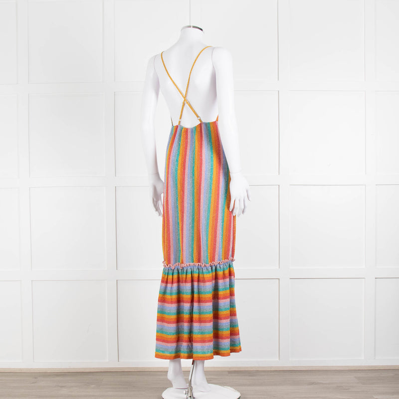 Sundress Peach Yellow Green Striped Lurex Sleeveless Peplum Maxi Dress
