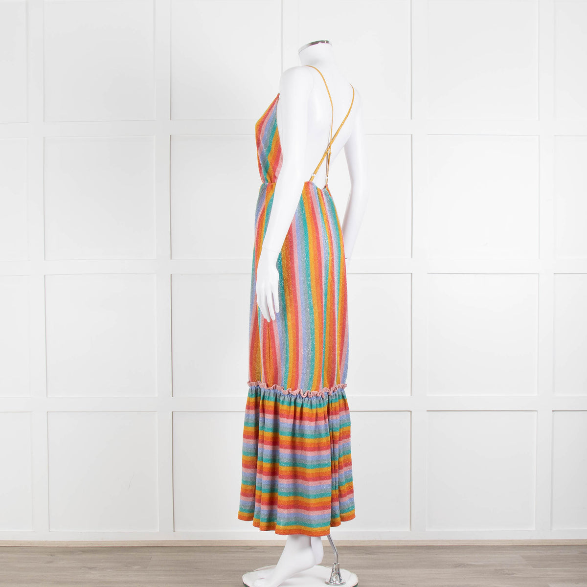 Sundress Peach Yellow Green Striped Lurex Sleeveless Peplum Maxi Dress