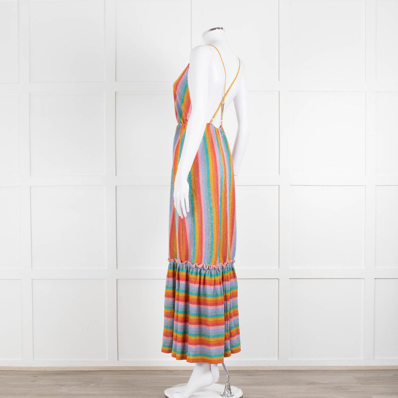 Sundress Peach Yellow Green Striped Lurex Sleeveless Peplum Maxi Dress
