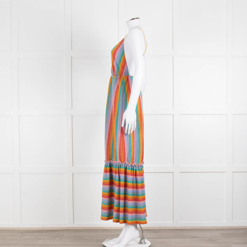 Sundress Peach Yellow Green Striped Lurex Sleeveless Peplum Maxi Dress