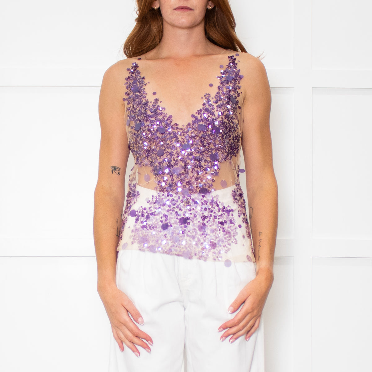 Amen Sheer Net Vest Top With Purple Seqiuns