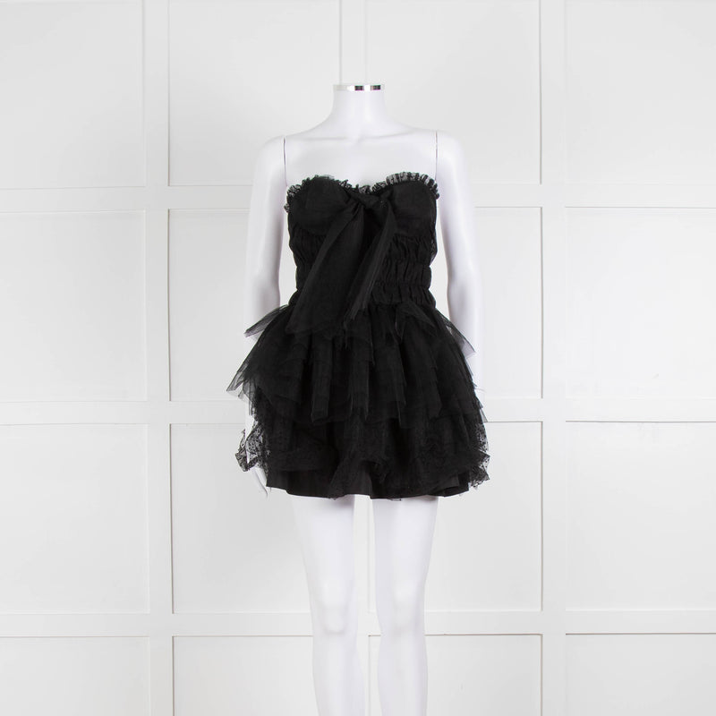 LoveShackFancy Black Tulle Strapless Faron Mini Dress