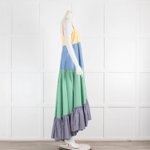 MDS Stripes Yellow Blue Green Gingham Tiered Maxi Dress