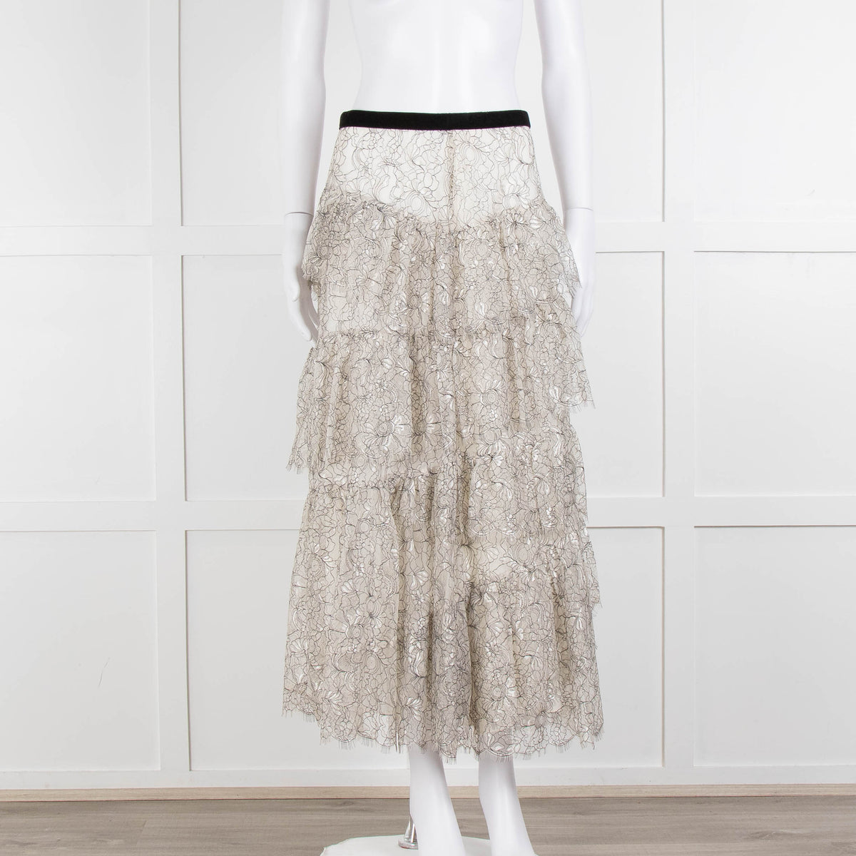 LoveShackFancy White Black Lace Velvet Frill Midi Skirts