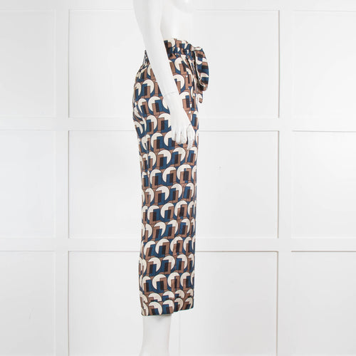 S Max Mara Teal Brown Beige Geometric Print Silk Trousers