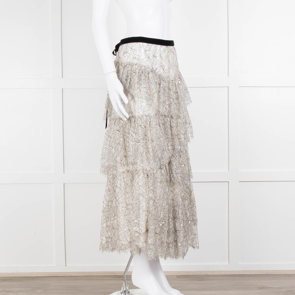 LoveShackFancy White Black Lace Velvet Frill Midi Skirts