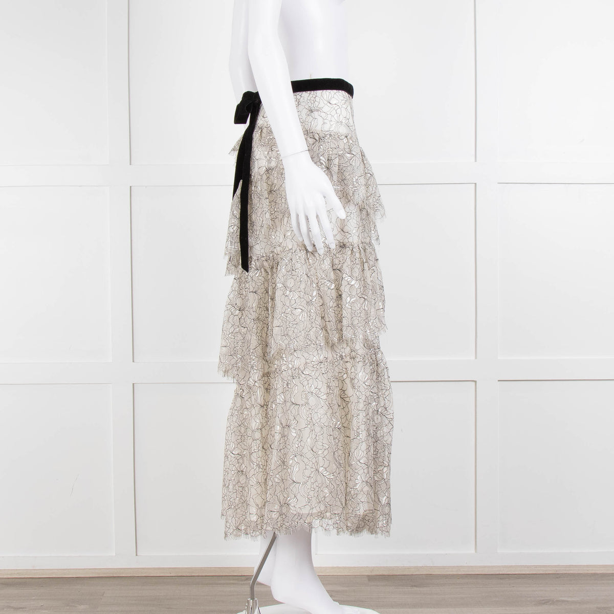 LoveShackFancy White Black Lace Velvet Frill Midi Skirts