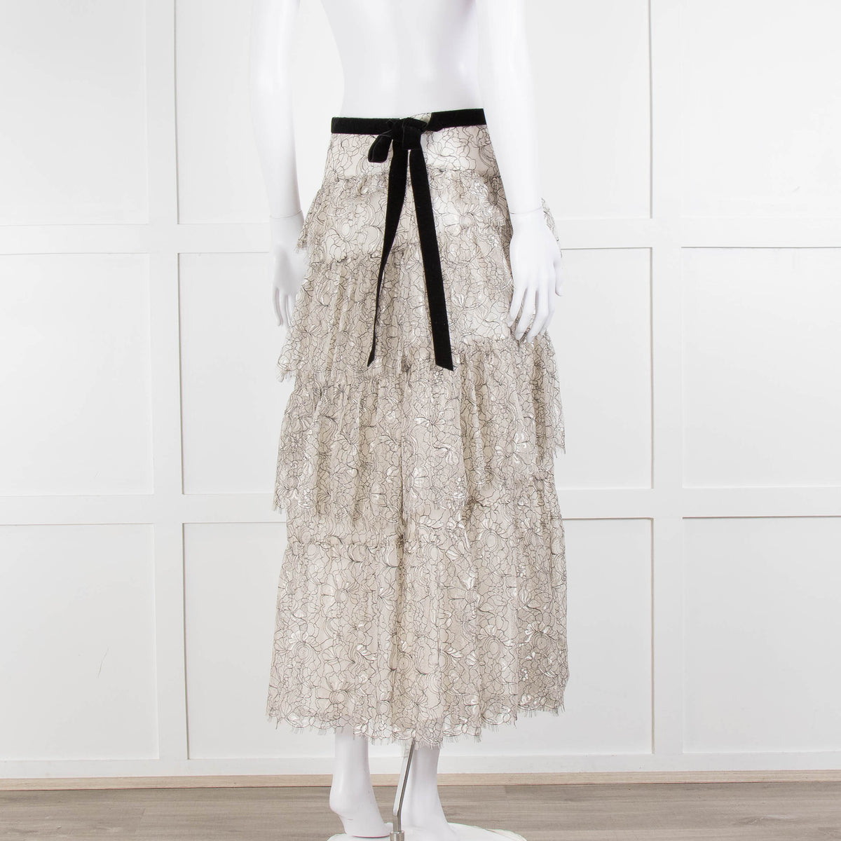LoveShackFancy White Black Lace Velvet Frill Midi Skirts