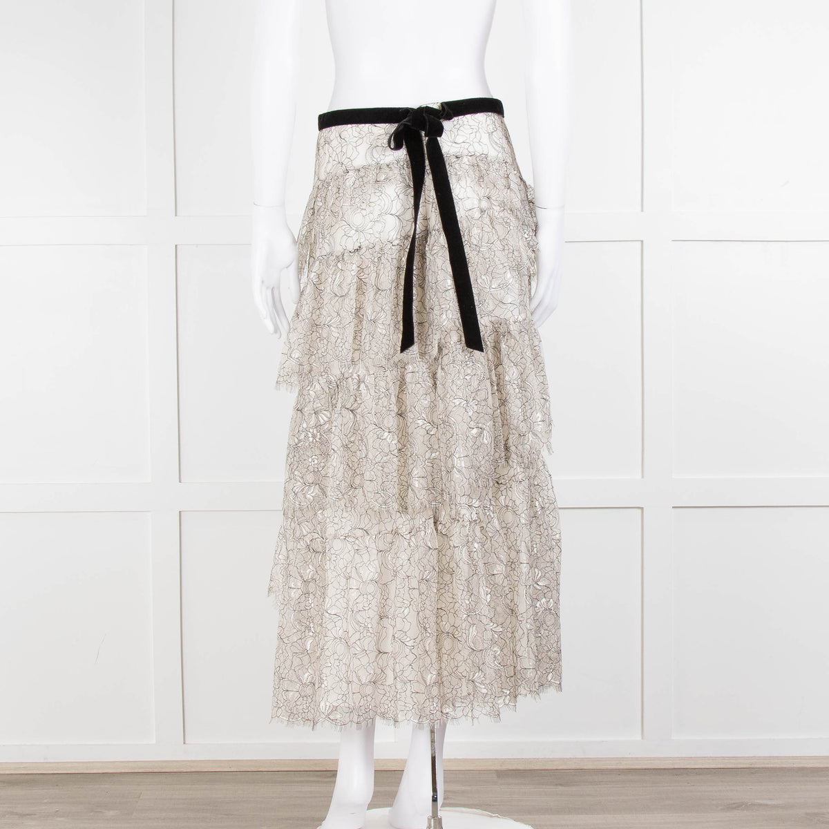 LoveShackFancy White Black Lace Velvet Frill Midi Skirts