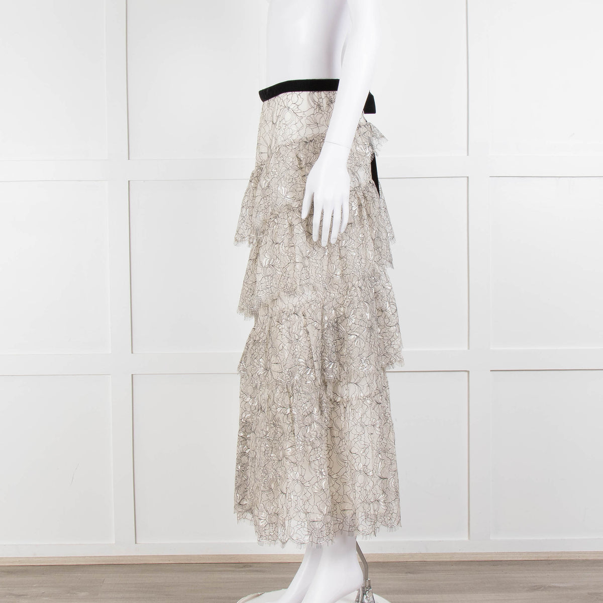 LoveShackFancy White Black Lace Velvet Frill Midi Skirts