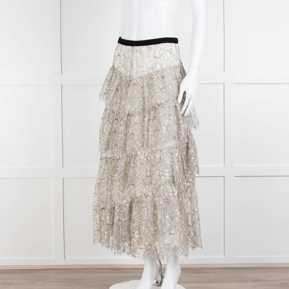LoveShackFancy White Black Lace Velvet Frill Midi Skirts