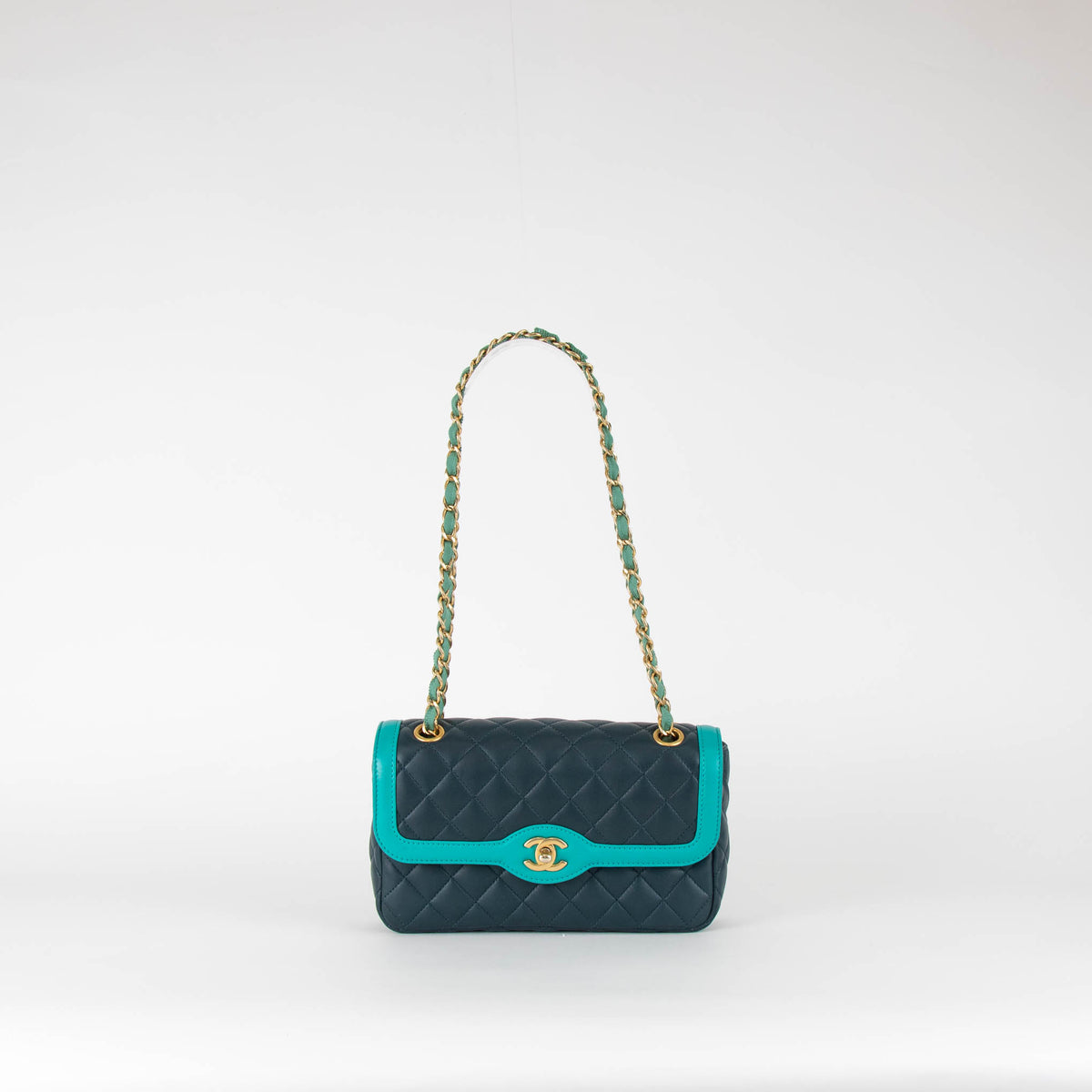 Chanel Navy Turquoise Two Tone Quilted Lambskin Medium Single Flap Bag