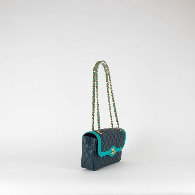 Chanel Navy Turquoise Two Tone Quilted Lambskin Medium Single Flap Bag